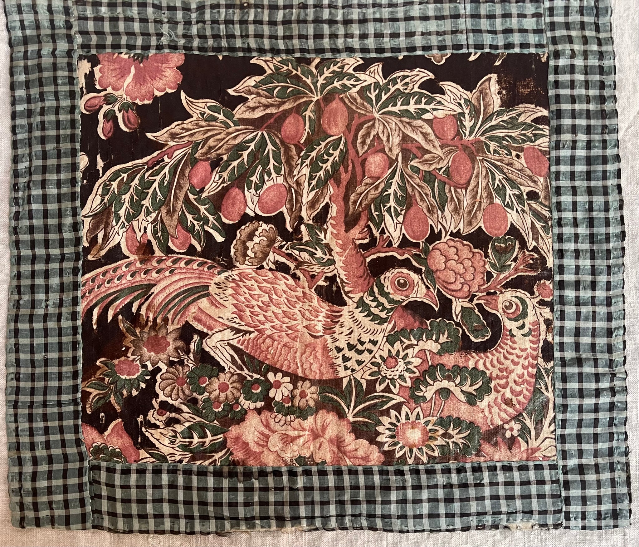 Antique Glazed Chintz Panel with Pheasants and Fruit Tree: C1815 Europe