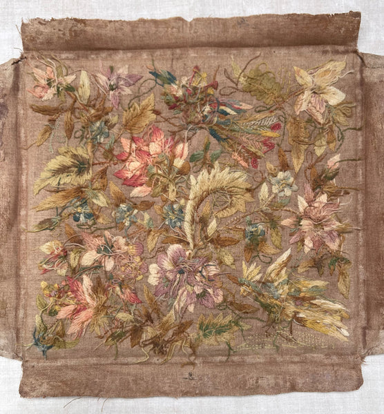 Antique Georgian Crewelwork Embroidery with Birds and Florals: C1700s England