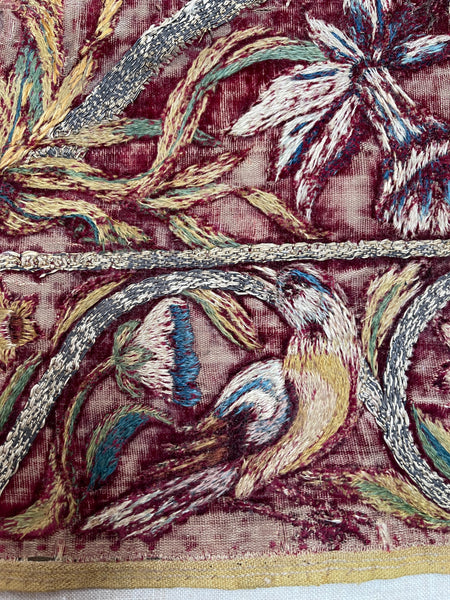 Early Silk and Metal Thread Embroidered Velvet Panel with Peacock and Flowers: C17th Italy or Spain