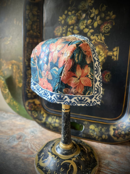 Antique Traditional Folk Costume Chintz Baby’s Bonnet: C19th Marken, Netherlands. Blue/Brown