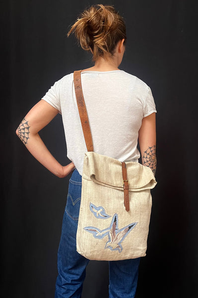 Antique Linen Bag with Seagull Appliqués: C1920 Europe