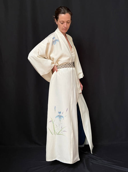 Silk Kimono with Hand Painted Iris: C1940s Japan