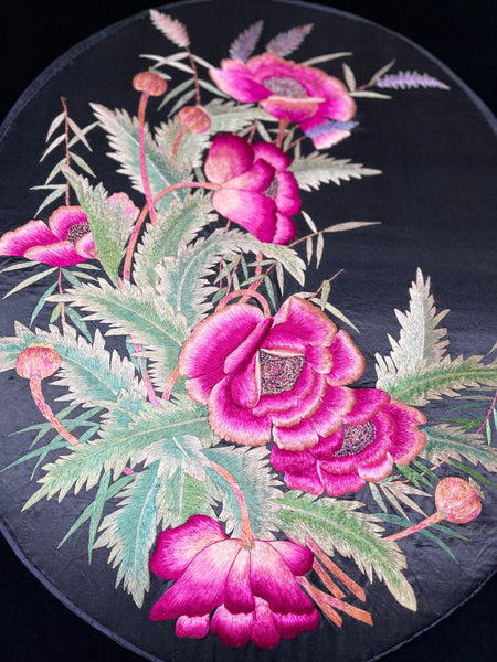 Antique Oval Silk Stumpwork Embroidery with Peonies : C1920s Japan for export