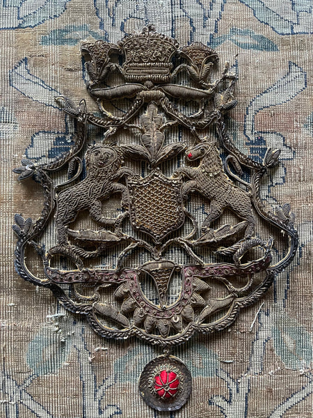 Heraldic Zardozi Embroidered Stumpwork Panel with Lion, Unicorn and Crown: C19th India