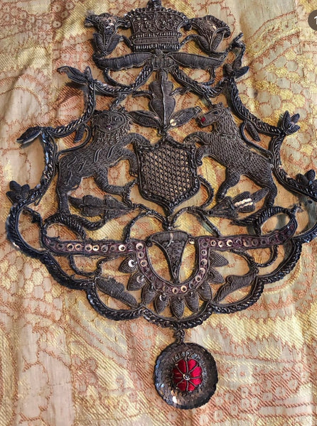Heraldic Zardozi Embroidered Stumpwork Panel with Lion, Unicorn and Crown: C19th India