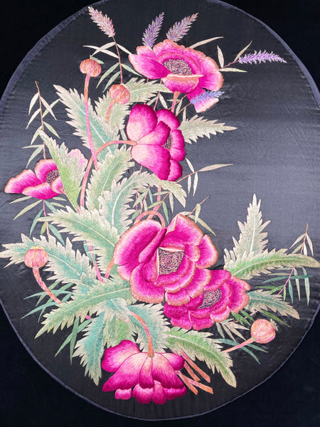 Antique Oval Silk Stumpwork Embroidery with Peonies : C1920s Japan for export