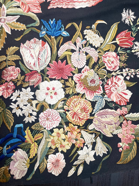 Antique Wall Hanging with Very Fine Silk Floral Embroidery: C19th Continental Europe