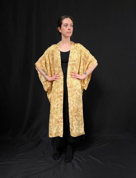 Traditional Primrose Yellow Silk Print Brocade Kimono : 1950 Japan