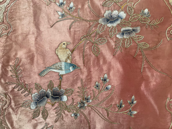Chinese Gilt Embroidered Silk Panel with Birds: C19th China