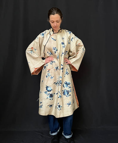 antique Chinese Embroidered Silk Brocade Summer Robe Coat
