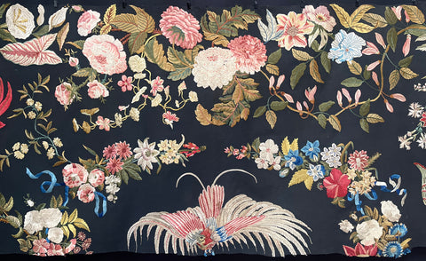 Antique Wall Hanging with Very Fine Silk Floral Embroidery: C19th Continental Europe