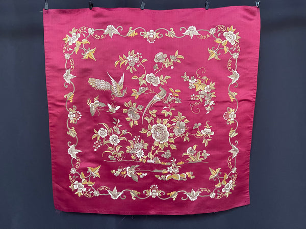 Silk Embroidered Panel with Birds and Flowers: C1930s China for export
