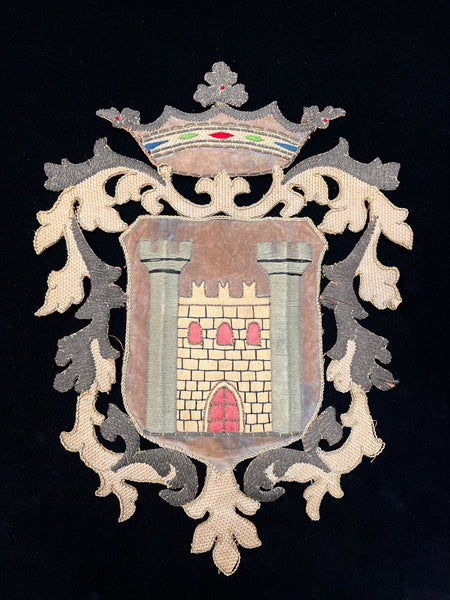 Embroidered Heraldic Emblem Appliqué with Castle : C1900 France