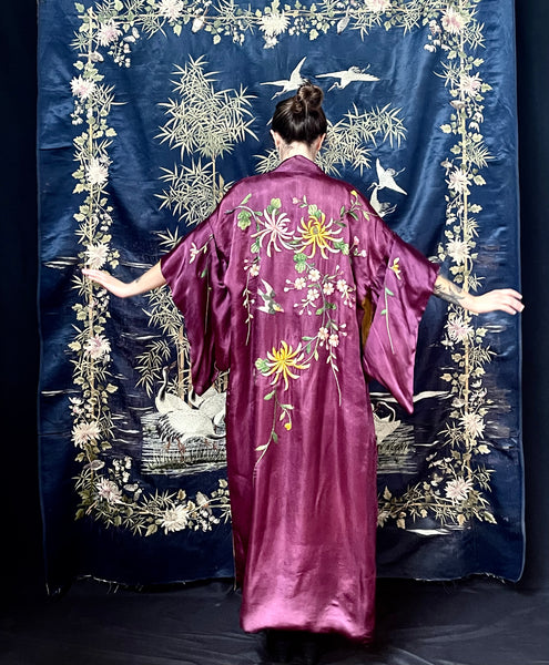 Antique Silk Embroidered Kimono: C1930 Japan for export