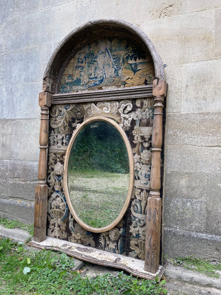 Antique Over Mantle Hallway Mirror with Tapestry Inserts: C16th France