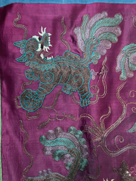 Antique Embroidered Temple Hanging with Foo Dogs: C19th China