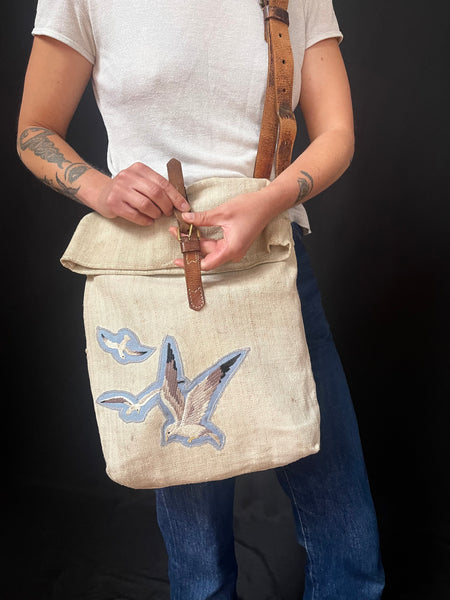 Antique Linen Bag with Seagull Appliqués: C1920 Europe