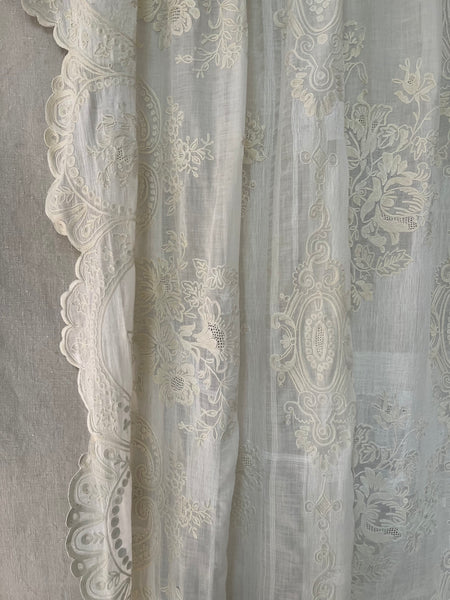 Hand Embroidered Antique Lace Cornely Chateau Curtain Panel: C19th France