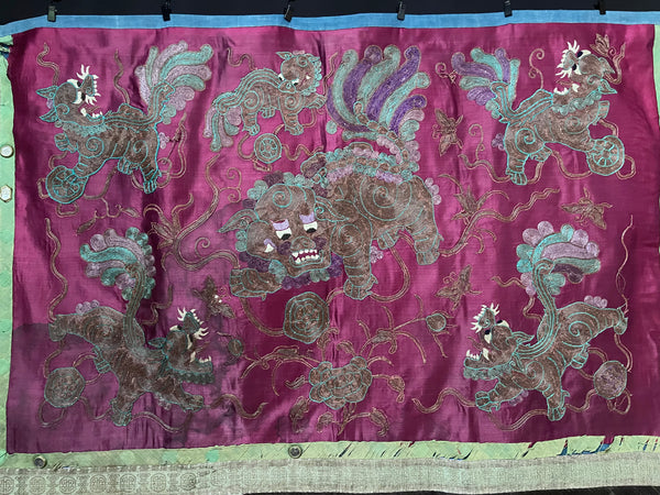 Antique Embroidered Temple Hanging with Foo Dogs: C19th China