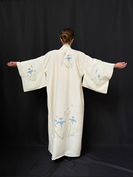Silk Kimono with Hand Painted Iris: C1940s Japan