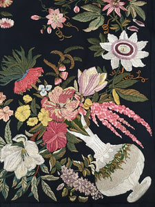 antique silk embroiderey from Lyon, France. abundent flower displays in vases and baskets C18th