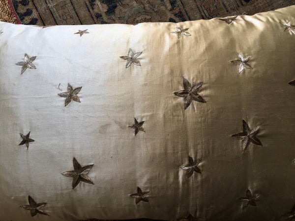 detail silver embroiderd stars ottoman pearl grey silk satin cushions pair