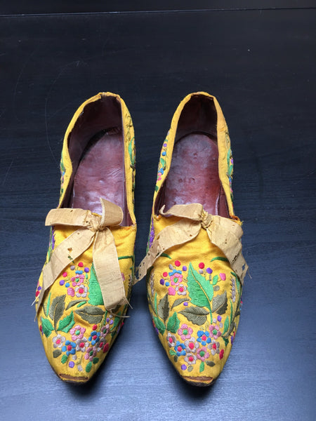 Yellow Silk Satin Cantonese Embroidered Ladies Shoes: C 1840’s, Canton, China for European market