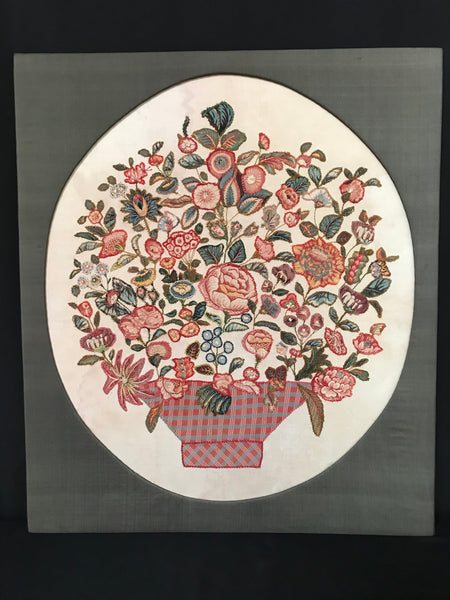 Chintz Appliqué Still Life with Basket of Flowers: European C1820