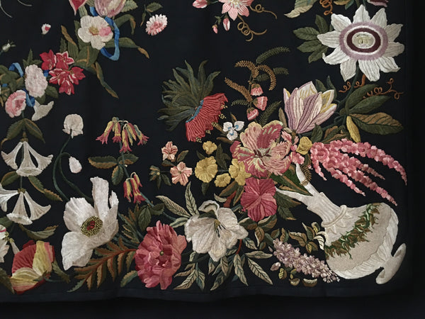 detail embroidery vase with floral display, C18th, silk on black wool ground