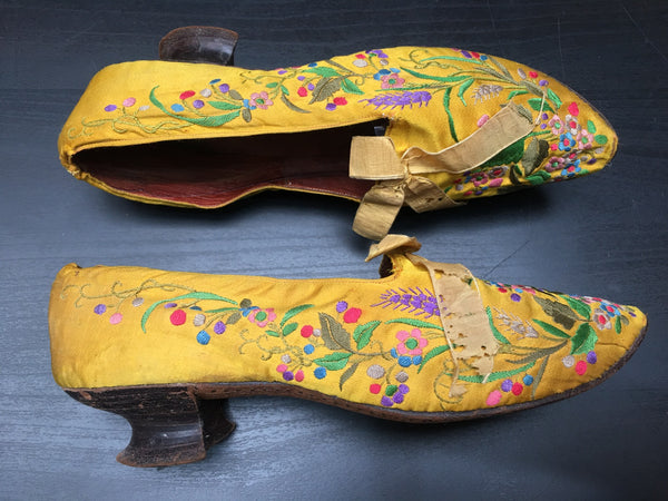 Yellow Silk Satin Cantonese Embroidered Ladies Shoes: C 1840’s, Canton, China for European market