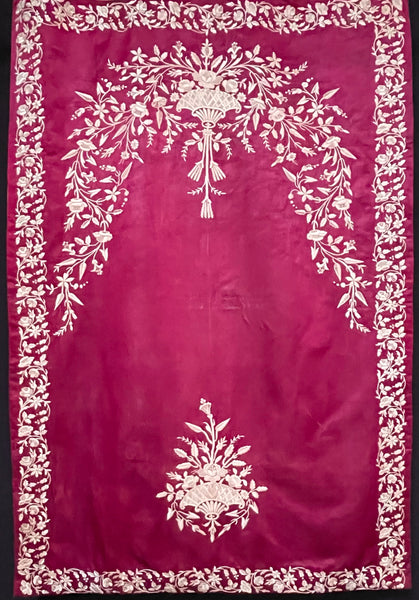 Crimson Pink Silk Embroidered Antique Ottoman Wall Hanging: C19th Asia
