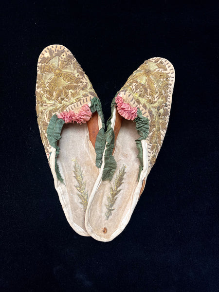 Pair of Antique Gilt Embroidered Velvet Slippers: C19th India