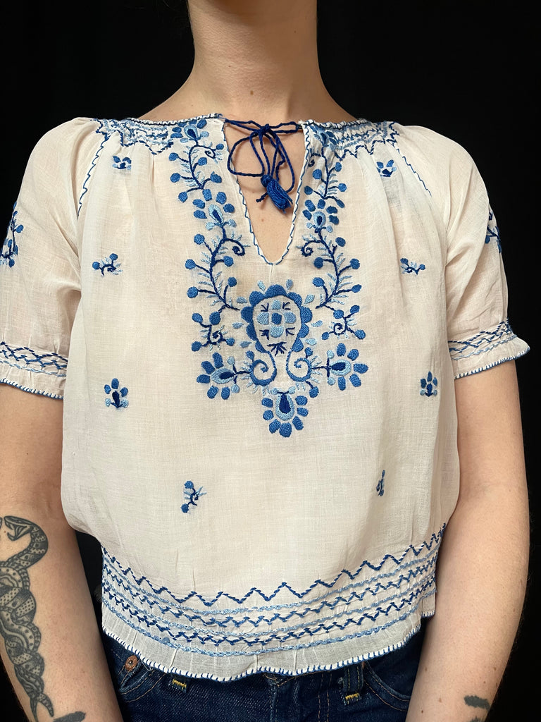 Blue and White Silk Embroidered Blouse: C1930s Hungary – Hannah Whyman