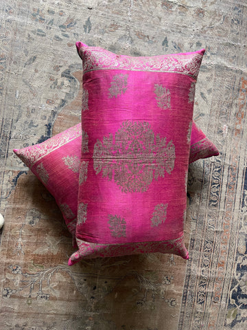 Antique Magenta Silk Lampas Cushions : C19th Turkey