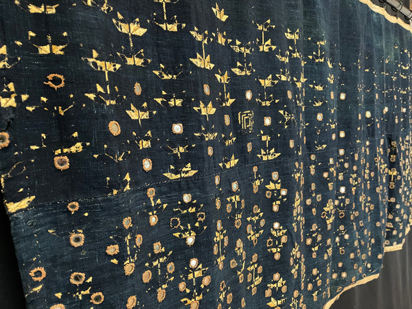 Antique Traditional Silk Embroidered with Mirrorwork Indigo Phulkari Panel : early C19th Hissar District, Punjab