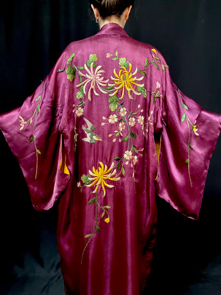 Antique Silk Embroidered Kimono: C1930 Japan for export