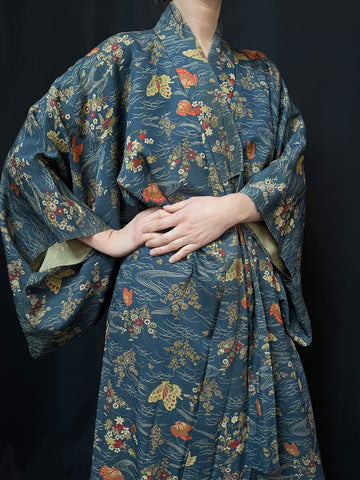 Traditional Silk Crêpe Kimono with Butterlies : C1900 Japan