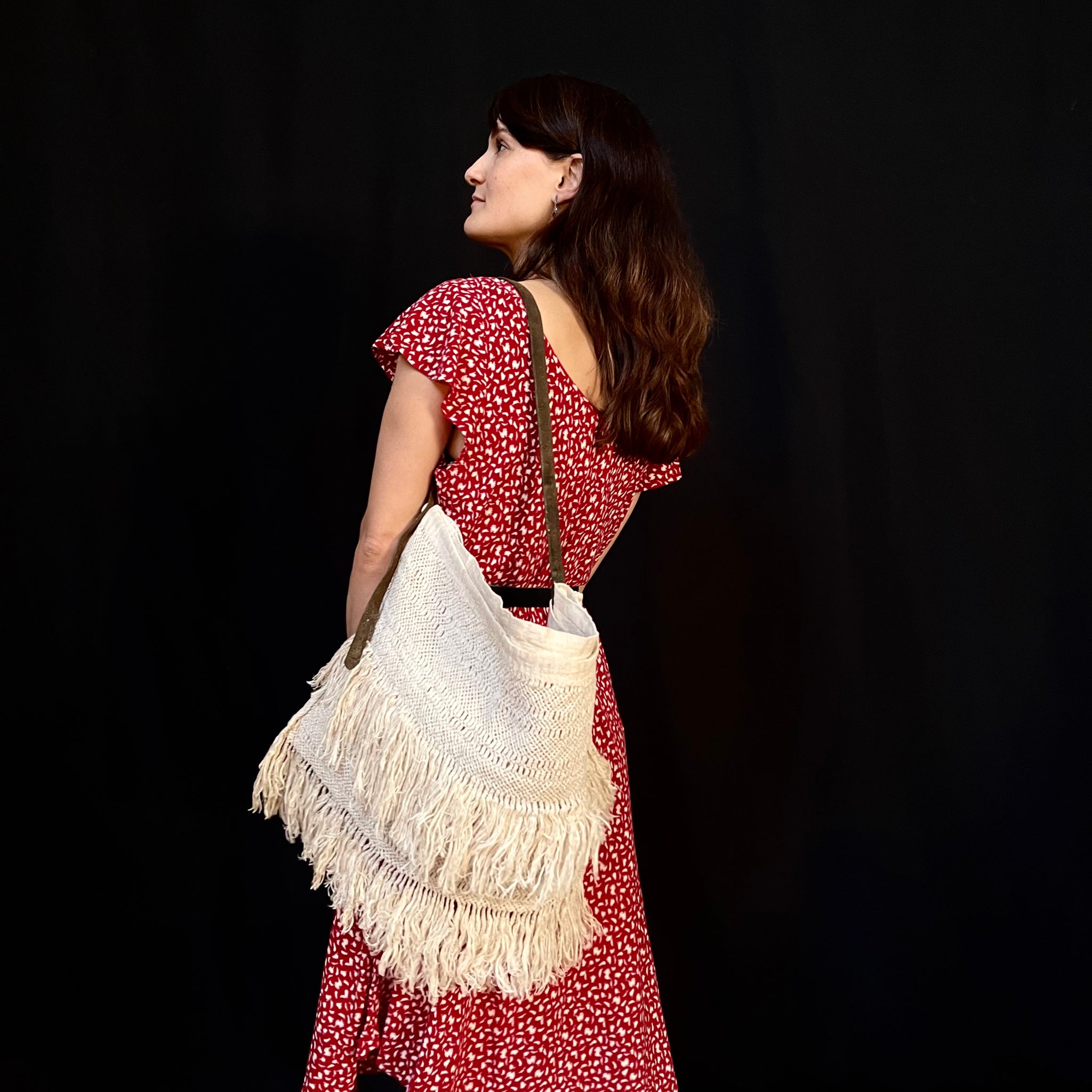 Linen Shoulder Bag with Hand Knotted Fringing: French C19th