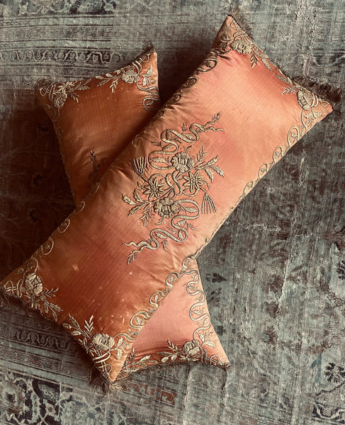 Pair Bespoke Cushion Pillows Gilt Embroidered Ottoman Silk: C19th Turkey