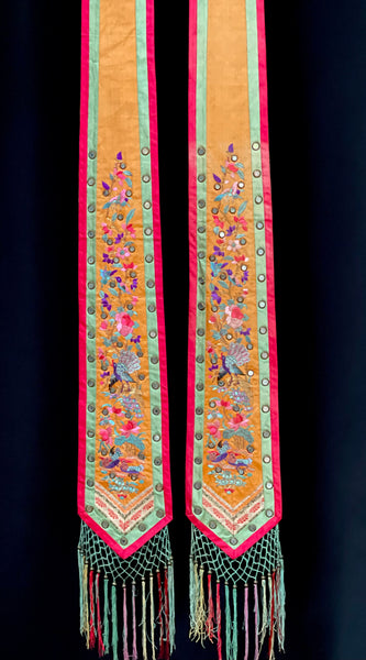 Pair of Embroidered Silk Mirrored and Tasseled  Temple Hangings: C19th China