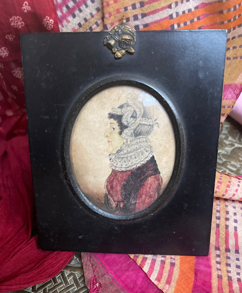 Miniature Hand-painted Watercolour Portrait Lady with Intricate Lace Collar: C1800 English