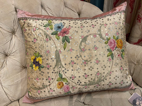 Pink Silk Bespoke Cushion with 18th Century Hand Painted Panel: C18th France