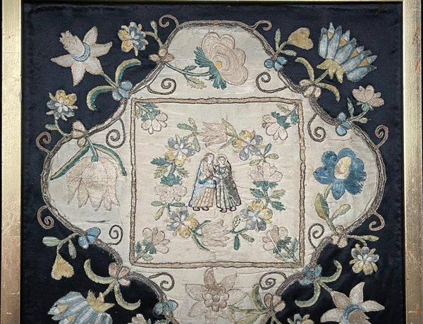 Queen Anne Silk Embroidered Appliqué Panel with Figures: C17th European