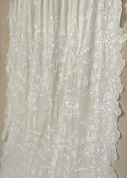 Art Nouveau Hand Embroidered Cornely Lace Chateau Length Curtain: C1900 France