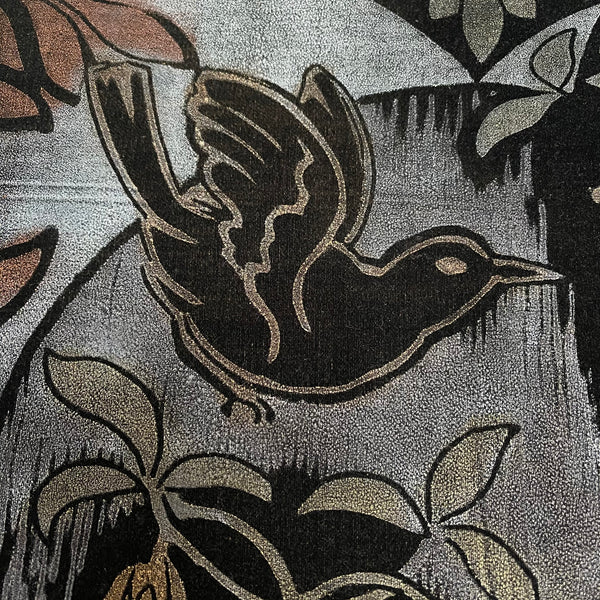 Art Deco Chinoiserie Stencilled Velvet Panel with Birds and Wisteria: C1920 France