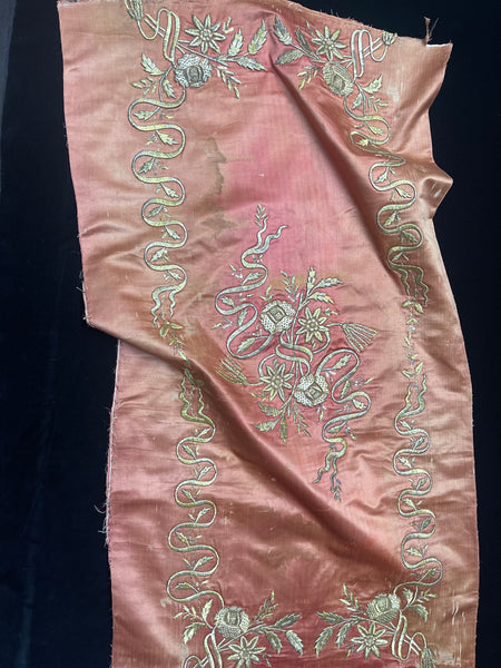 Ottoman Gilt Embroidered Terracotta Pink Silk Panel: C19th Turkey