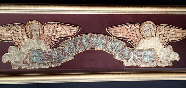 Pair of Framed Silk Embroidered Arts and Crafts ‘Sanctus’ Angels:  C1890 English