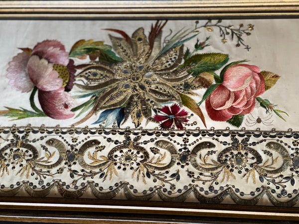 Pair of Museum Quality Italian Embroideries with Flowers and Insects Framed: C18th Italy