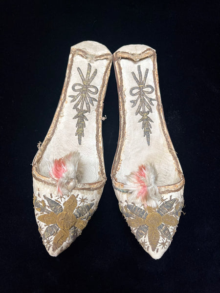 Pair of Antique Gilt-work Embroidered Velvet Slippers: C19th Turkey