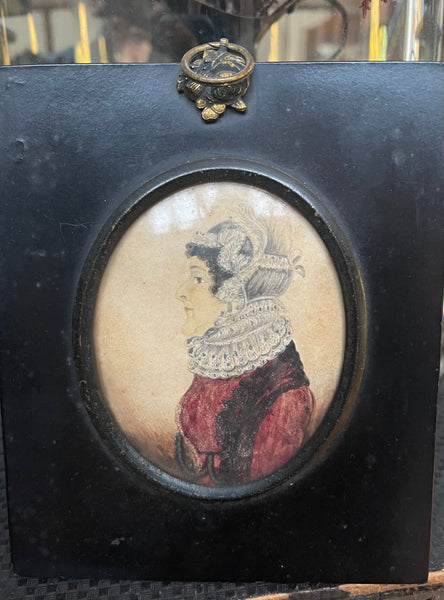 Miniature Hand-painted Watercolour Portrait Lady with Intricate Lace Collar: C1800 English